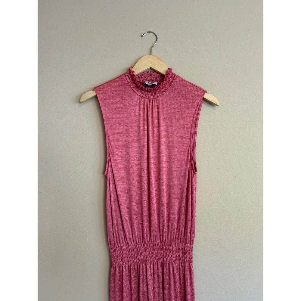 Pink Textured‎ Smocked Waist Sleeveless Ruffle Mock Neck Maxi Dress S